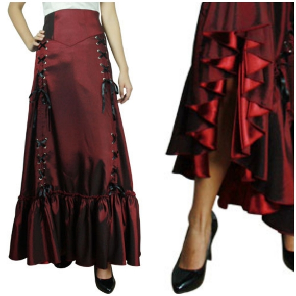 Gothic Steampunk Lace Up Ruffle Long Skirt - Picture 3 of 6